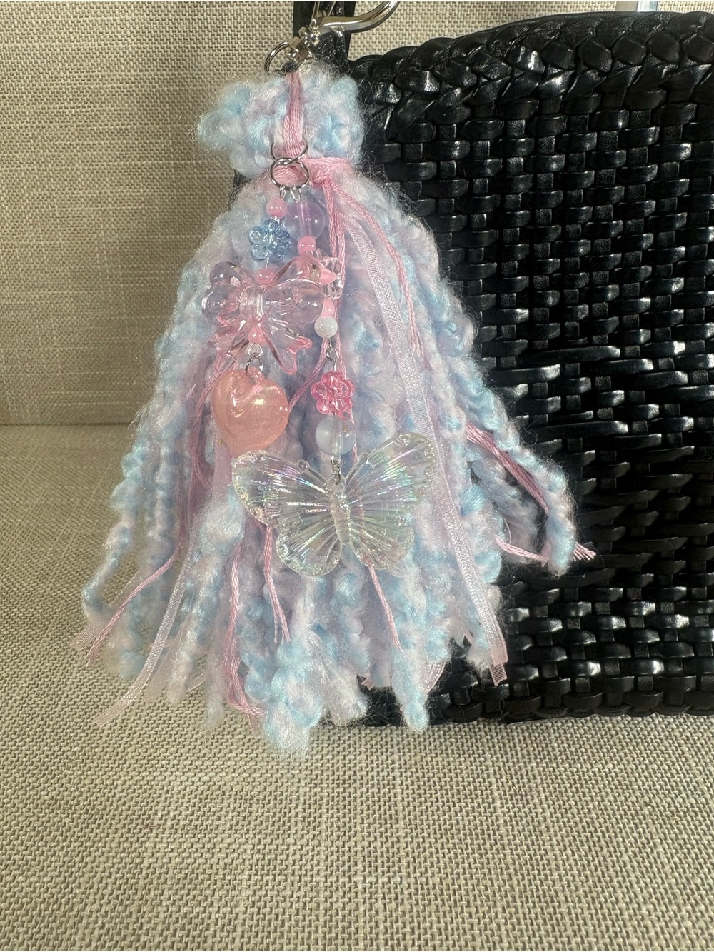 Hand Crafted Pastel Blue & Pink Tassel Keychain with Butterfly & Heart Charms - Picture 9 of 10